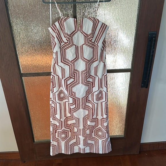 By Anthropologie Strapless Linen Plunge-neck MIDI Dress Size 14 NWT BROWN motif - Picture 11 of 17
